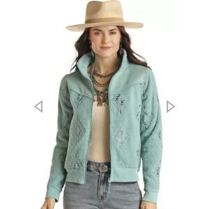 Powder River Outfitters Rock & Roll Berber Bomber Jacket Ladies S Turquoise NEW
